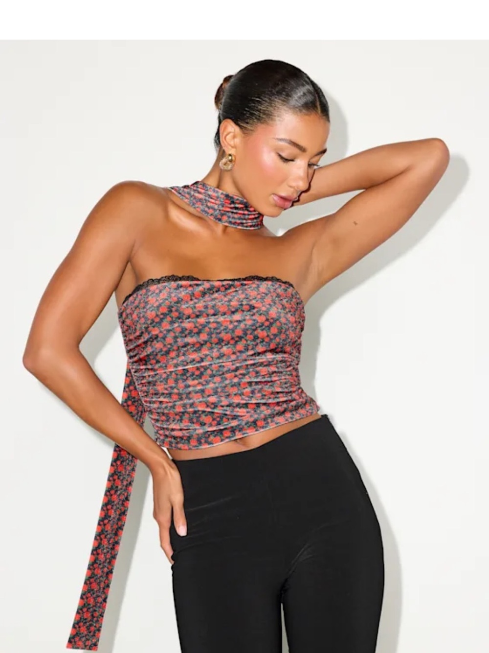 Lulu's Red & Black Floral Strapless Tie-Scarf Tube Top